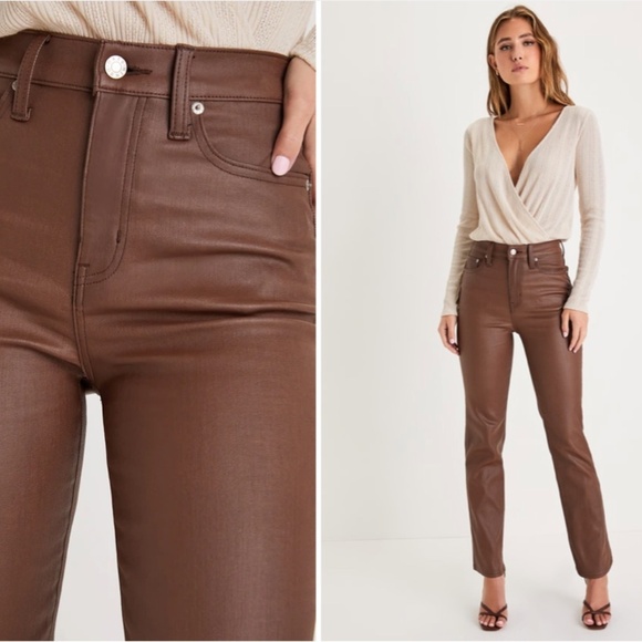 LULUS Sexy Chic Faux Vegan Leather Date Night Straight Leg High Rise Denim - Picture 1 of 5